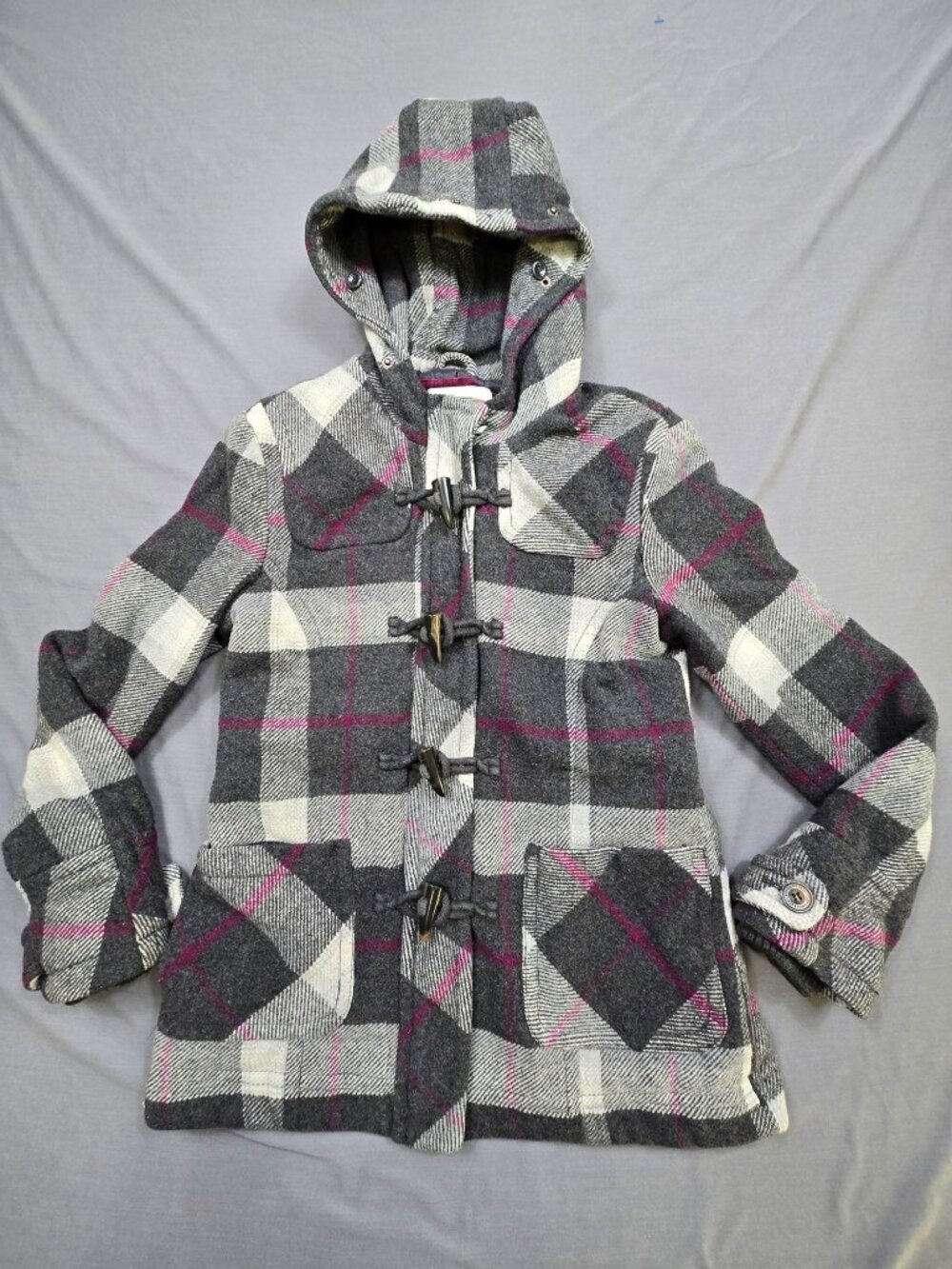 Aeropostale Medium Y2k Hooded Plaid Toggle Coat Gray Pink Wool Blend Outerwear